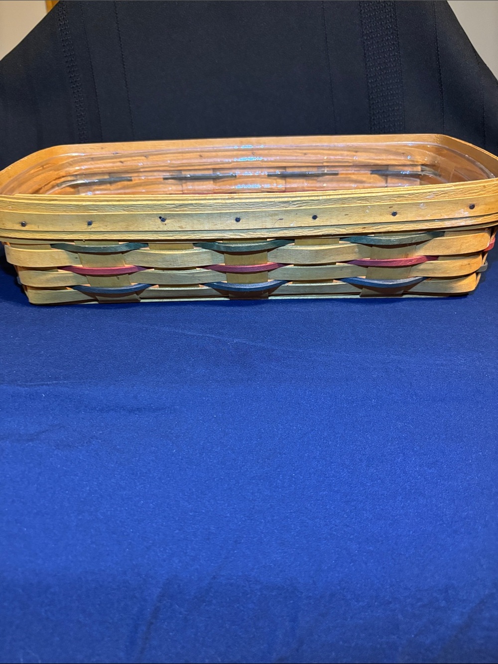 Longaberger Natural Wood Basket with Red Green and Blue Accents 7x14 inches - Picture 2 of 4